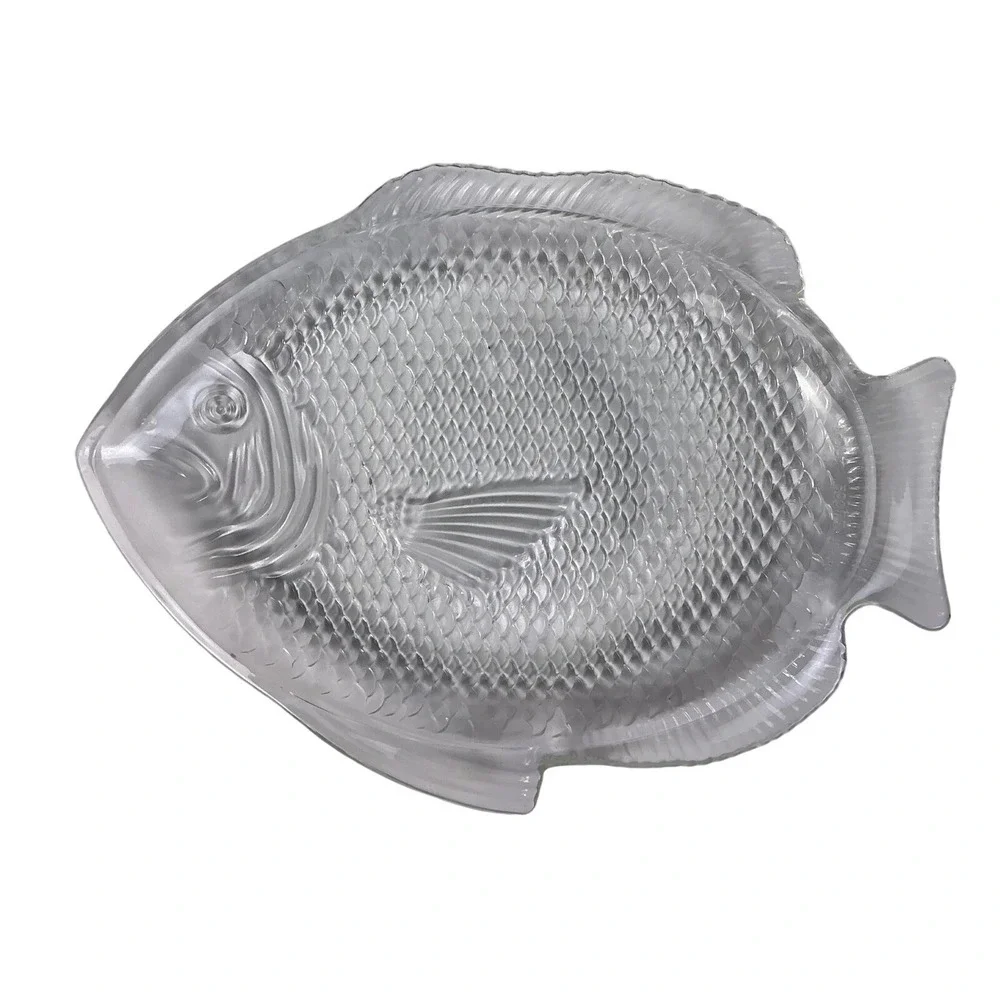 4 Arcoroc Clear Glass Detailed Fish Plates Textured Serving Dishes Seafood Decor